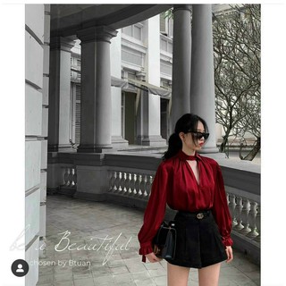 Áo lụa nữ choker cổ cao cấp