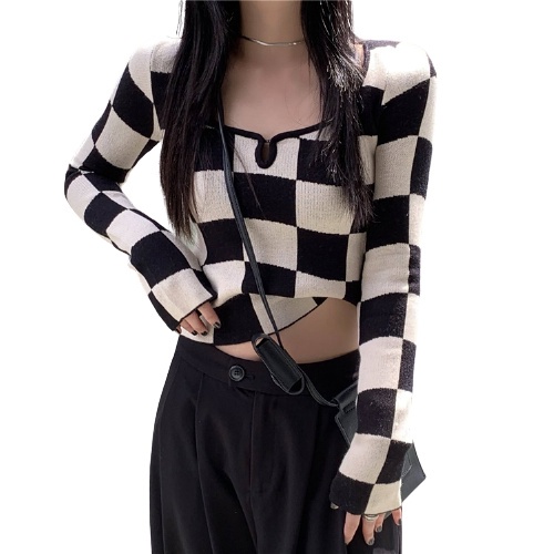 QKOOLE Áo kiểu  cổ vuông họa tiết kẻ sọc caro phong cách Hàn Quốc thời trang dành cho nữ