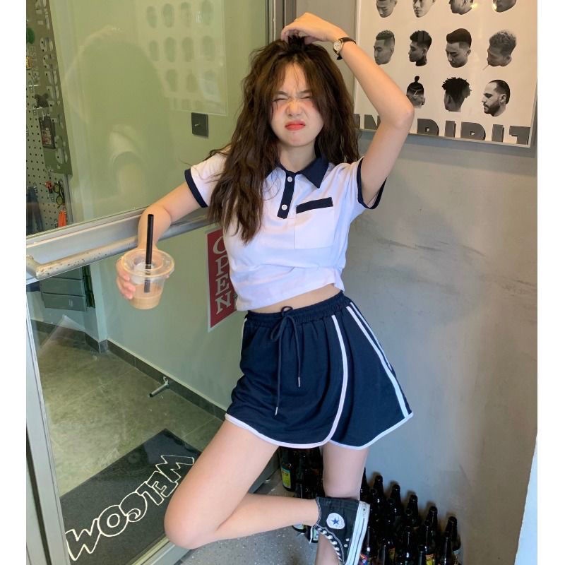 Jiashucheng Hàng Có Sẵn Set Áo Thun polo Ngắn Tay Và Chân Váy Ngắn Phong Cách Preppy Hàn Quốc Thời Trang Mùa Hè Mới Cho Nữ