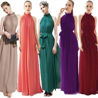 Bohemian long dress halter neck stand collar chiffon dress waist solid color dress sexy slim dress dress skirt