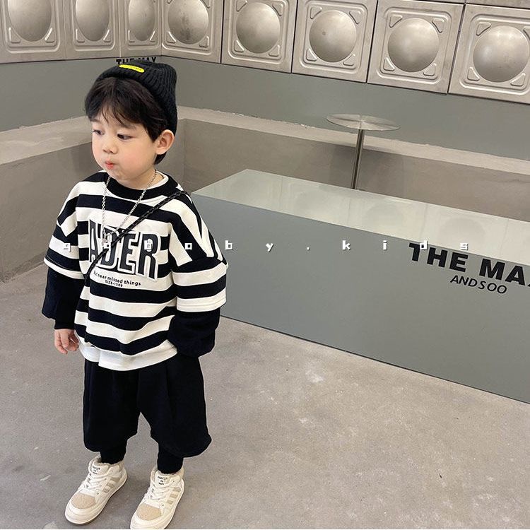 Áo Sweater Giả Hai Mảnh Họa Tiết Kẻ Sọc Phong Cách Phương Tây Thời Trang Xuân Thu Mới Dành Cho Bé Trai Bé Gái