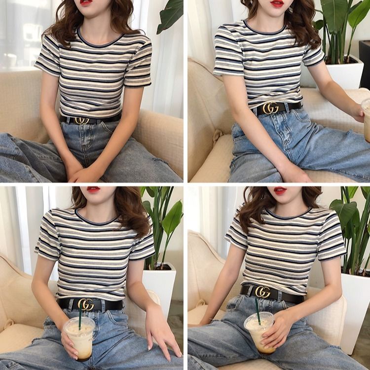 Áo Thun Nữ Tay Ngắn Chất Liệu 95% Cotton Họa Tiết Kẻ Sọc Thời Trang Mới