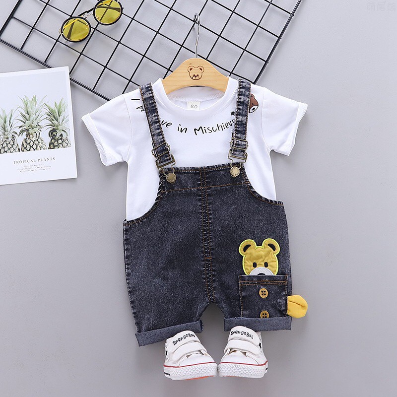 Sét yếm bò trẻ em, Bộ yếm bò hình gấu cho bé 2 chi tiết kèm áo cotton mùa hè siêu đẹp 7-14kg - B080