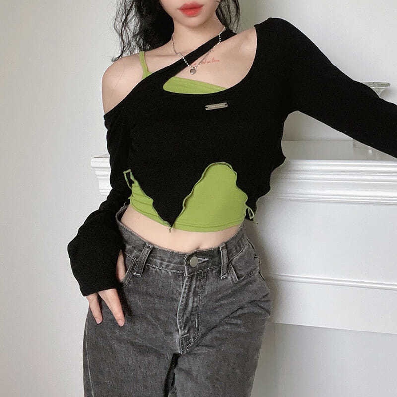 Áo Thun Crop Top 2 Mảnh Tay Dài Nhuộm Màu Phong Cách Cổ Điển Thời Trang Đường Phố Cho Nữ Y2k