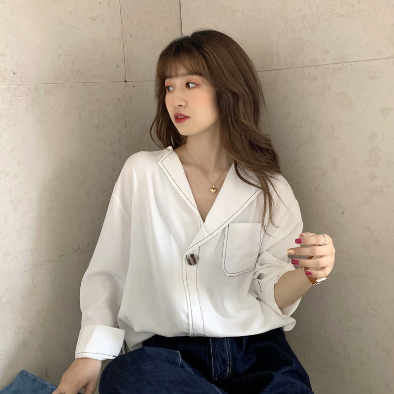 Áo sơ mi tay dài dáng rộng cổ chữ V thời trang phong cách Hàn Quốc cho nữ