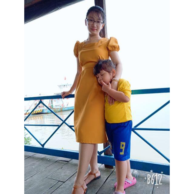 Váy Cổ Vuông Hai Màu Thắt Eo