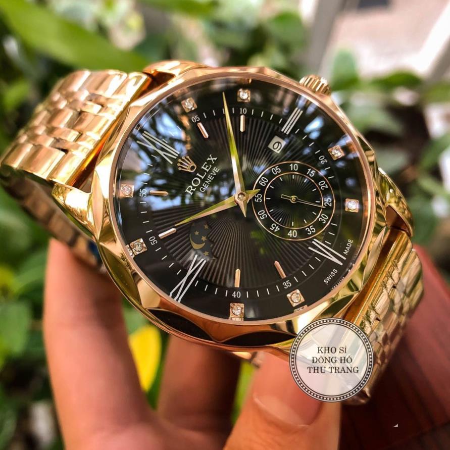 Đồng hồ Nam Rolex máy nhật, mẫu 3kim cắt vát mặt đen viền vàng dây da, dòng cơ Automatic size 40mm-41mm