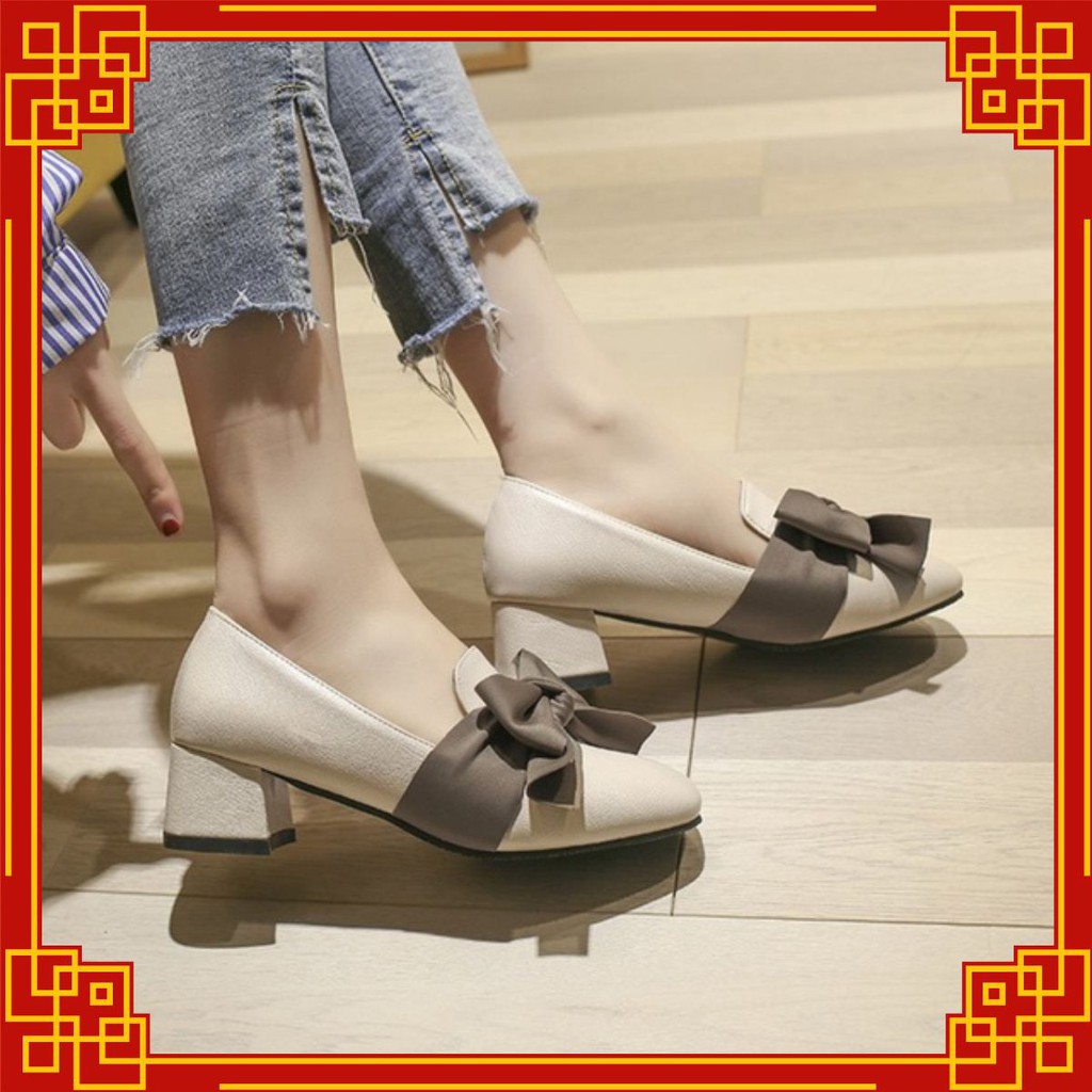 Giày cao gót đính nơ siêu bánh bèo 2 màu đen/kem mã MT_P4 | BigBuy360 - bigbuy360.vn