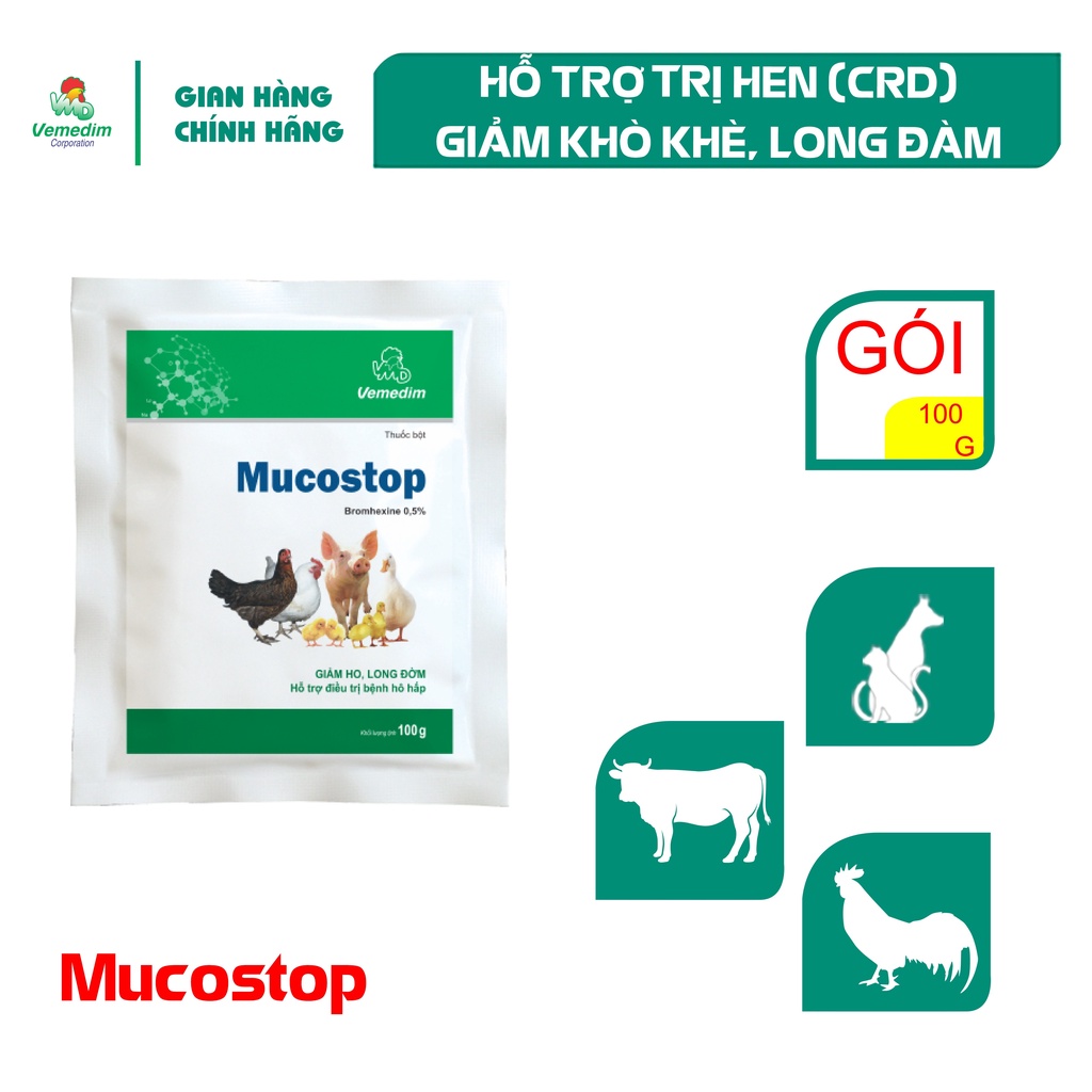 Vemedim MUCOSTOP loãng đờm, tan đờm cho chó, mèo, gia súc và gia cầm, set 3 gói 100g