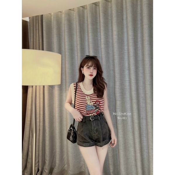 Áo len lưới thỏ thêu, len lưới thoáng mát, dáng len sát nách tanktop