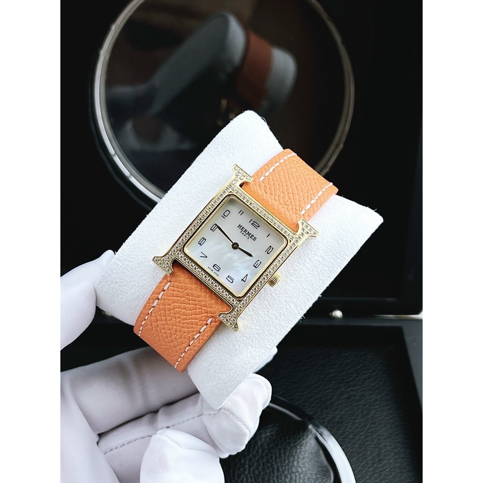 Đồng hồ nữ Hermes 22x22mm máy Swissquartz, mặt khảm trai trắng, khung thép không gỉ, dây da cao cấp