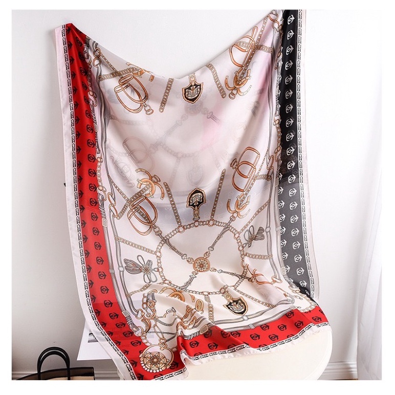 Khăn choàng cổ lụa in hoa văn dây xích cao cấp size 90x180cm - Maben