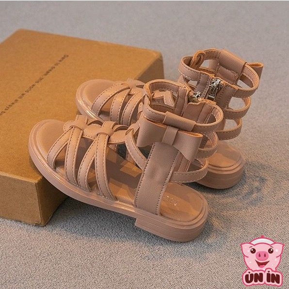 Giày sandal cho bé gái - Dép chiến binh cao cổ quai chéo kéo khóa phối Nơ đáng yêu phong cách Hàn Quốc cho bé MG6001