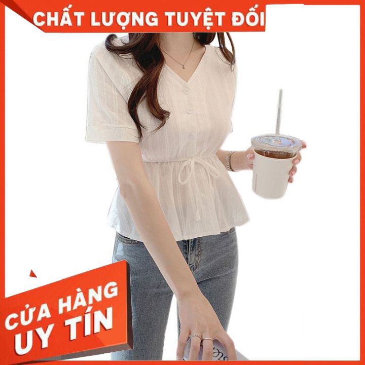 Áo sơmi kiểu nữ Hàn Quốc hot nhất 2021 cổ chữ v tay ngắn thắt lưng trên