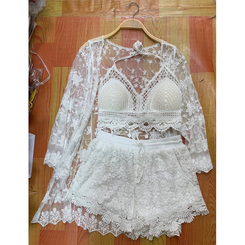 Set biển mới - set 3 món - áo bra kiểu giọt lệ + quần ren hoa + choàng ren hoa nhỏ