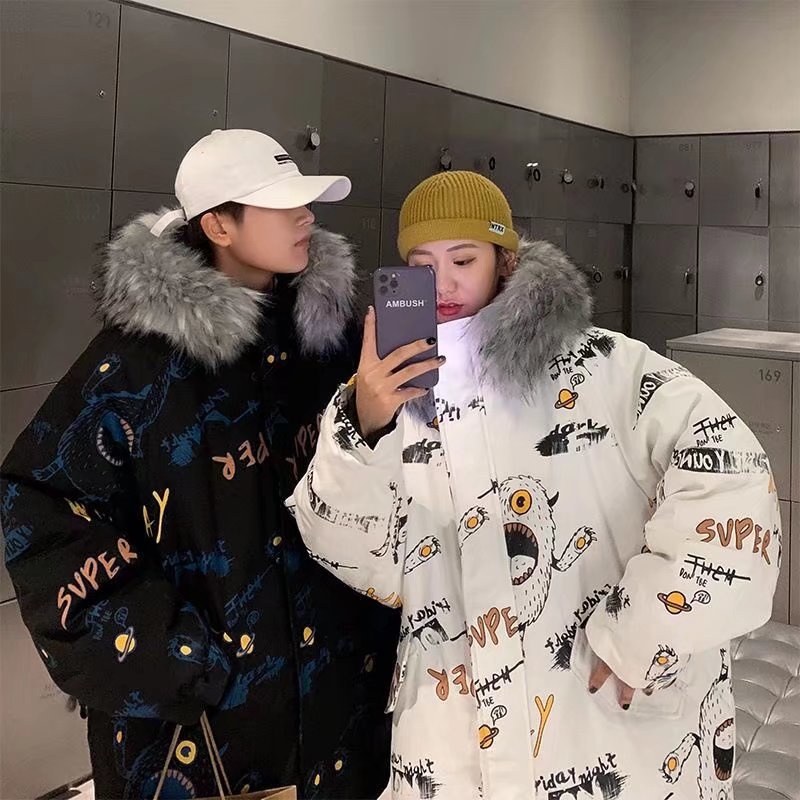 Áo khoác phao đệm Cotton dày dặn in họa tiết Graffiti phong cách Hàn Quốc thời trang mùa đông dành cho cặp đôi