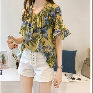 A3    ( SIZE LỚN) Áo che bụng bầu khoét vai ống tay loe mẫu hoa lá màu hè