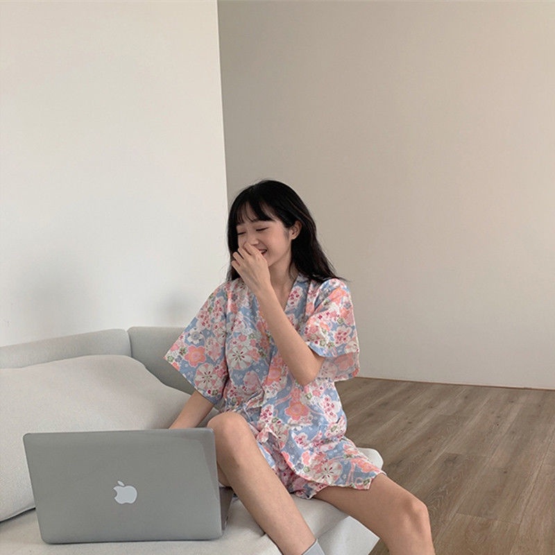 Mới Bộ Đồ Ngủ Kiểu Kimono Nhật Bản In Hoa Thiết Kế Ngọt Ngào Cho Nữ