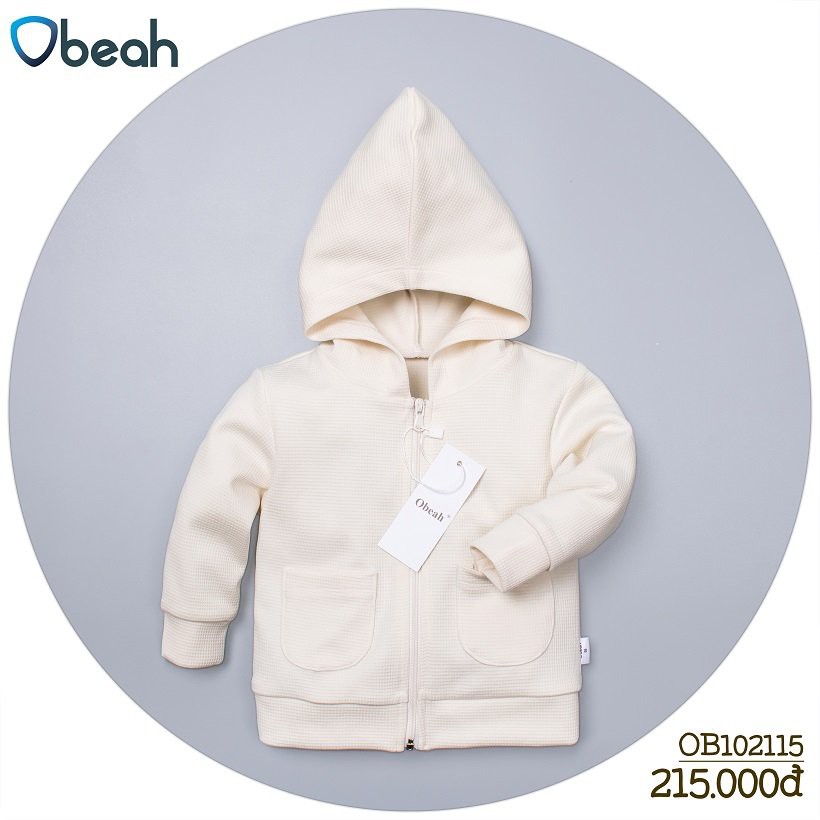 Áo Jacket Obeah mũ liền Cotton tổ ong màu trắng sữa Fullsize 59 đến 90 cho bé từ 0 đến 24 tháng