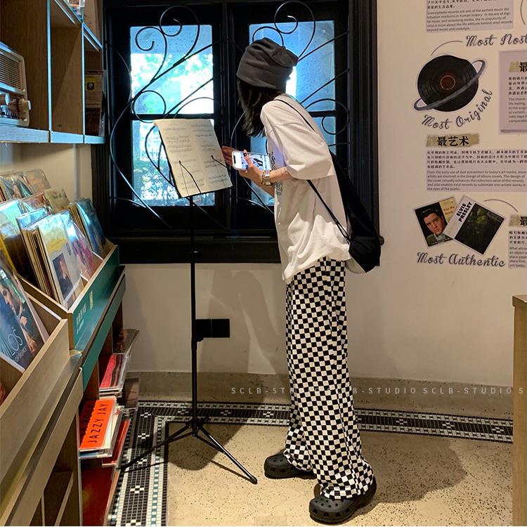 ☽Quần dài ống rộng họa tiết sọc caro cá tính cho nữ
