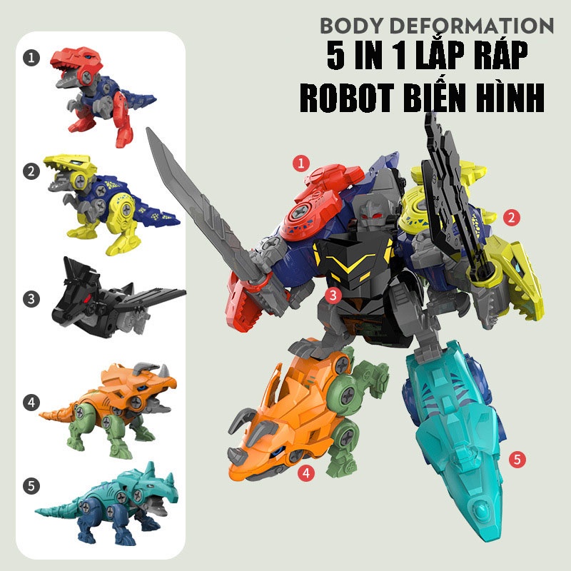 Bộ đồ chơi lắp ráp robot khủng long 5 con trong 1 hộp đựng bằng giấy, kèm tô vít, chất liệu nhựa ABS an toàn