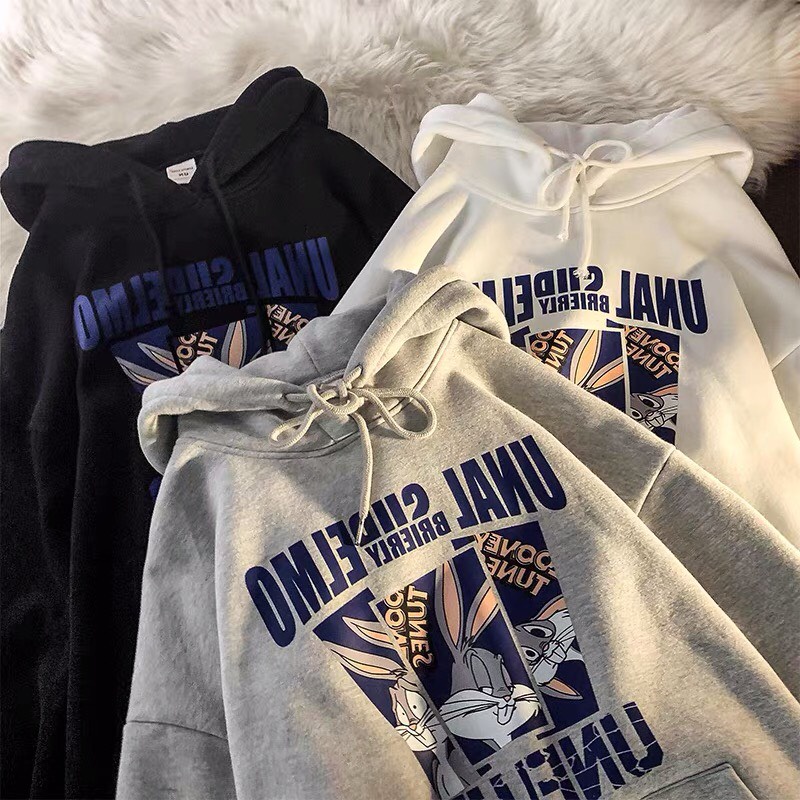 Áo hoodie nữ form rộng 2N Unisex nỉ bông in hình thỏ bunny màu đen/xám/trắng