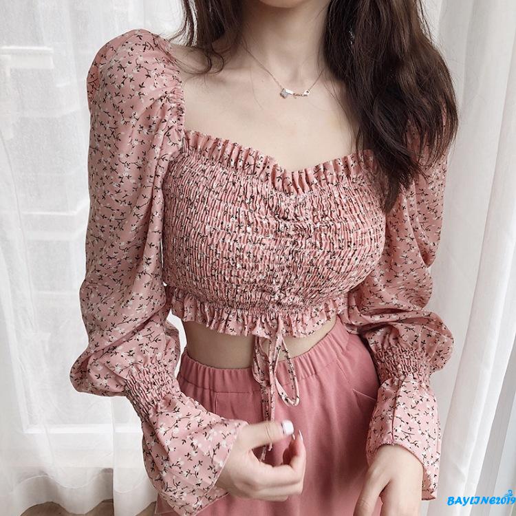 Áo Hoa Kiểu Tay Dài Cổ Vuông Ngọt Ngào Thời Trang Cho Nữ
