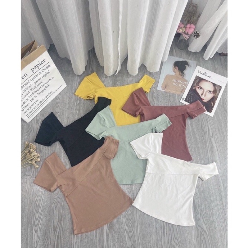 Áo thun body ngắn tay lệch vai kiểu mới,áo kiểu vai lệch tay cộc vải cotton co giãn