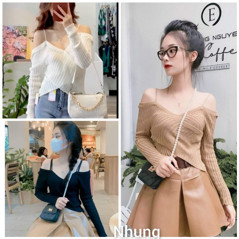 Áo len chéo vạt trễ vai hàng QC