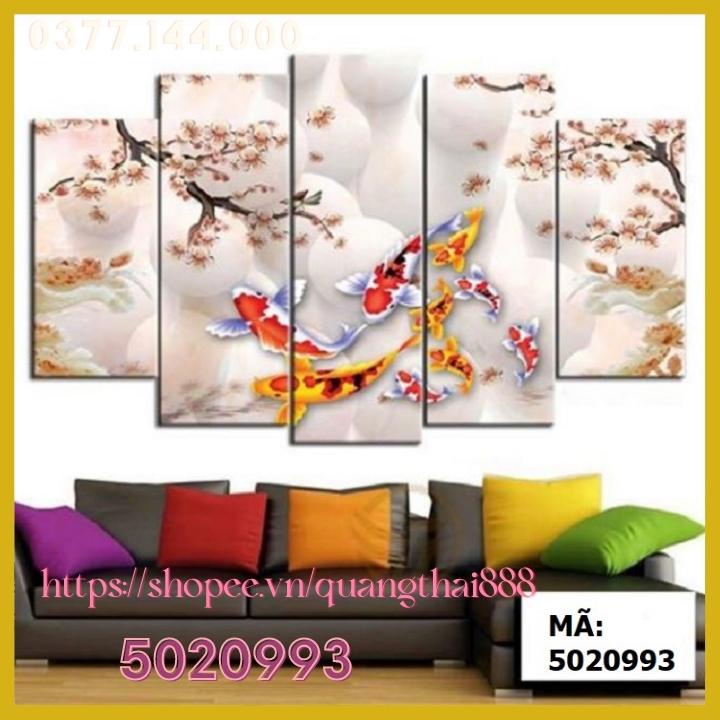 Bộ 5 Tấm Tranh treo tường Phong Thủy Hoa Mẫu Đơn Cá Chép Cửu Ngư Quần Hội Tụ phòng khách trang trí nhà cửa 5020993