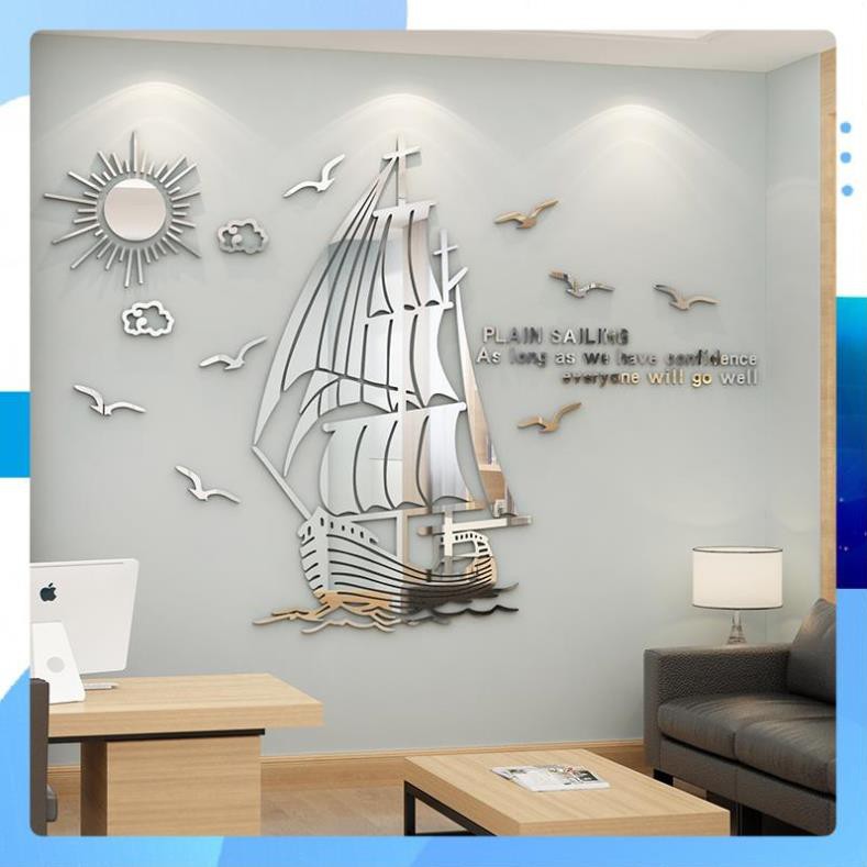 Tranh dán tường mica 3D thuyền buồm tranh trang trí phòng khách, phòng ngủ, spa, nail, cafe