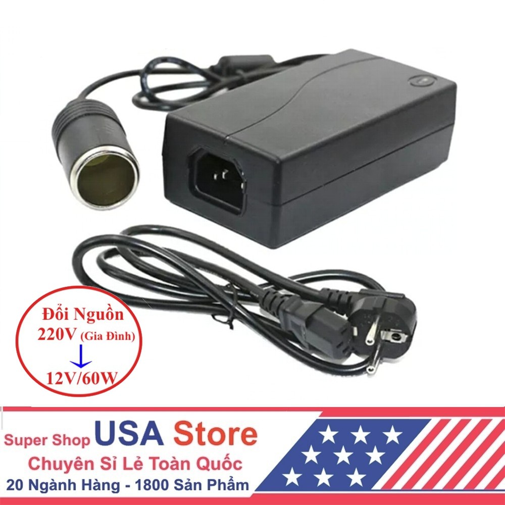 Bộ Adapter CHUYỂN ĐỔI ĐIỆN Gia Đình AC 220V - DC 12V/60W Cho Máy Bơm Máy Hút Bụi Ô Tô Xe Hơi Có Đầu Tẩu