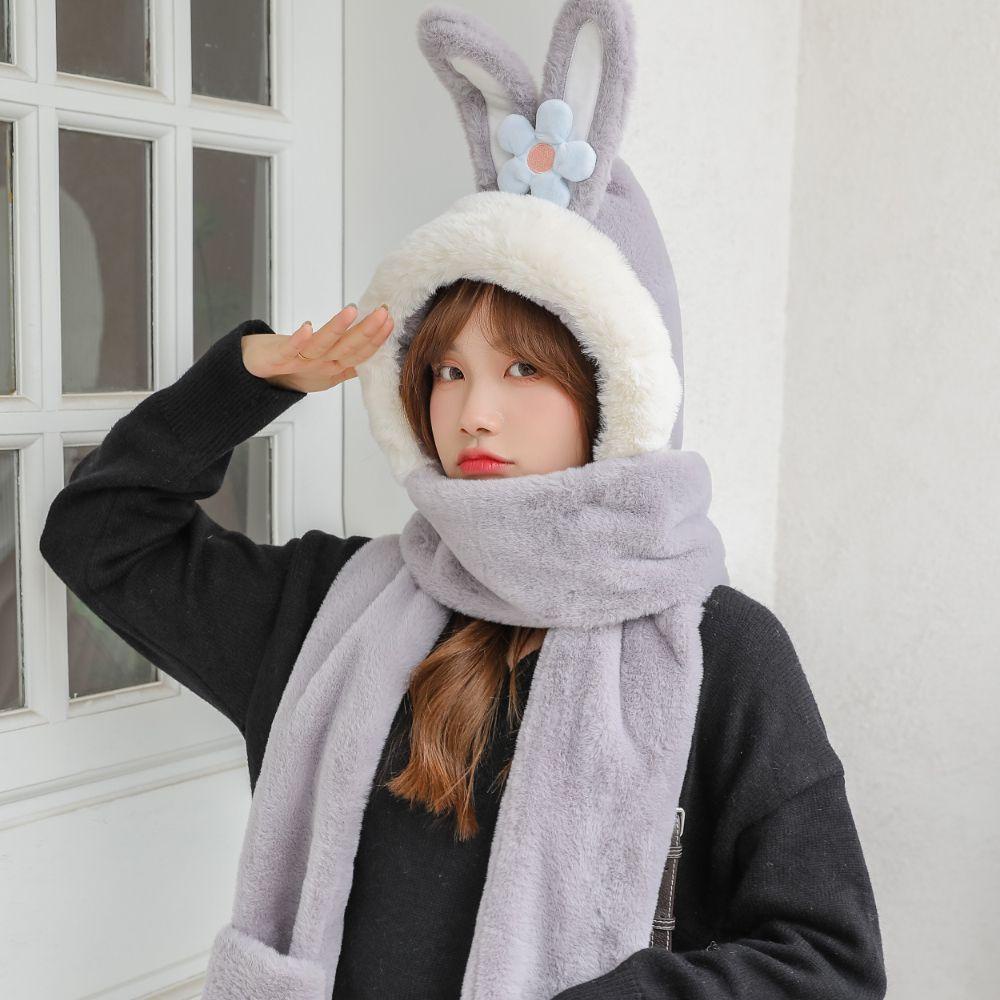 Bộ Nón Khăn Choàng Găng Tay Tai Thỏ 3 Trong 1 Bằng Vải Bông Ấm Áp Thời Trang Mùa