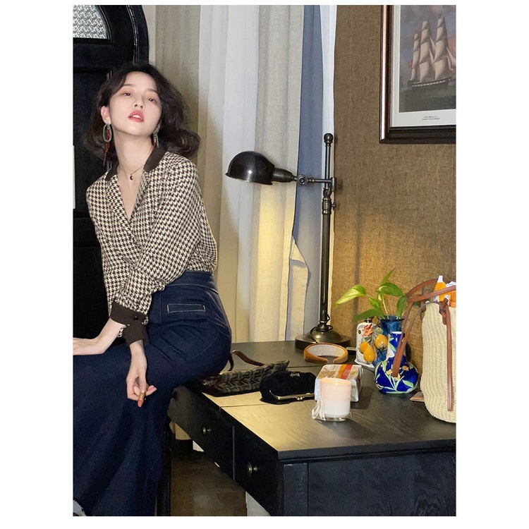Áo Sơ Mi Chiffon Dài Tay Họa Tiết Houndstooth Phong Cách Retro Hong Kong Cho Nữ