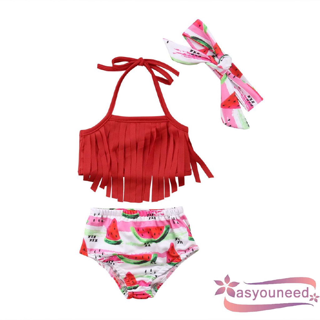 Set bikini 2 mảnh kèm băng đô vải in hình dưa hấu dễ thương xinh xắn cho bé gái