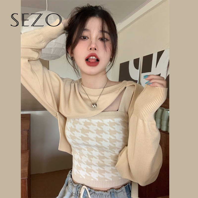 QKOOLE  áo len tay dài và áo khoác len không tay phong cách Hàn Quốc thời trang cho nữ（Only one cardigan）