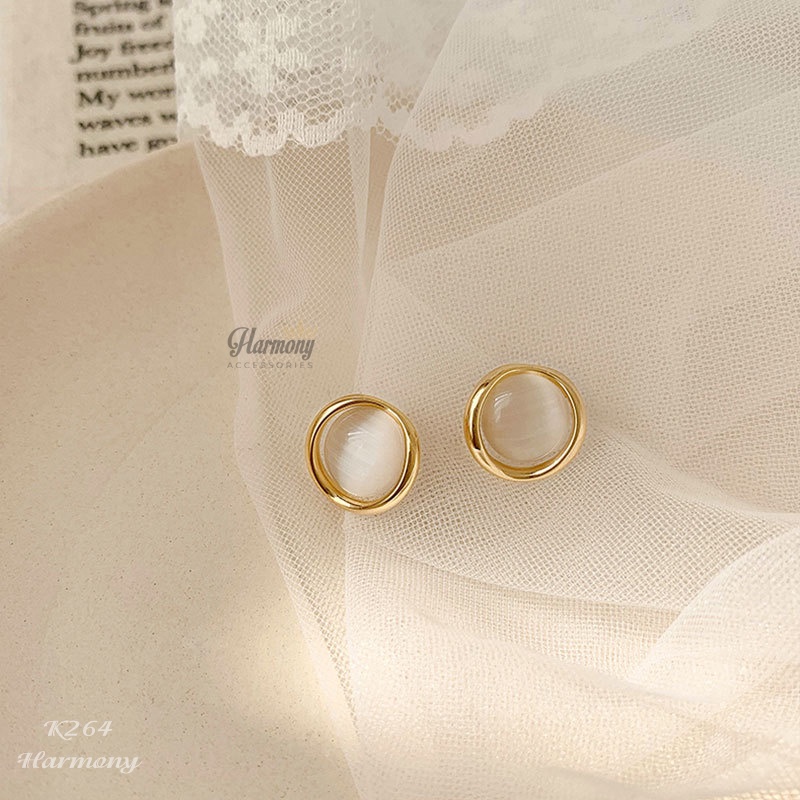 Khuyên tai tròn bạc nữ tính đá mắt mèo viền mạ vàng 14k | HARMONY ACCESSORIES K264