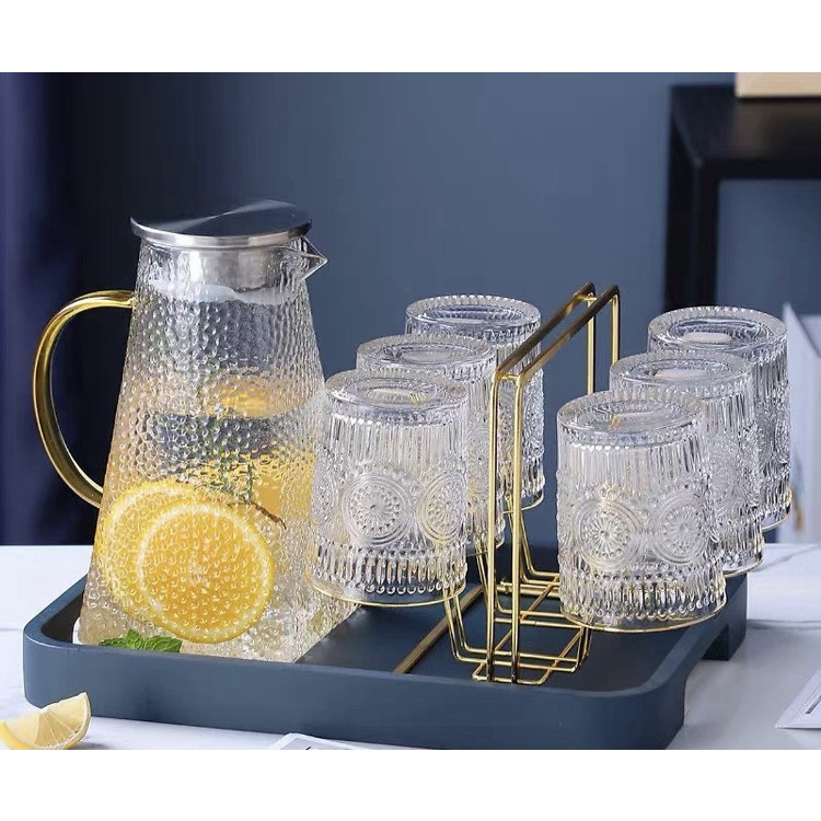 Set bình đựng nước uống thủy tinh kèm 6 cốc khay và giá úp cốc