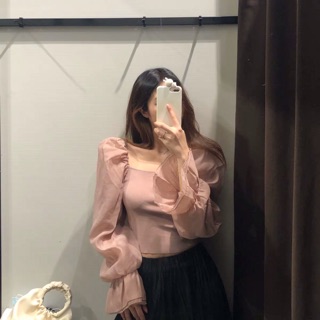 [Sẵn] Áo croptop Zara tay bồng hồng pastel