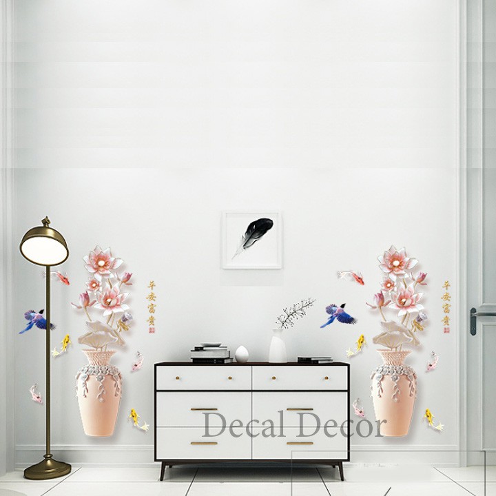 Decal Trang Trí 3D Dán Tường Bình Hoa Sen Và Cá 60x90cm - Decal Decor Phòng Ngủ, Phòng Khách, Văn Phòng Làm Việc