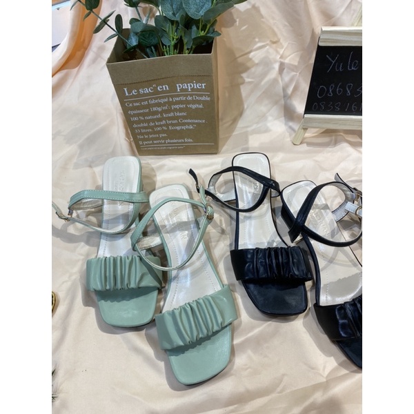 SẴN HÀNG dép Sandal Cao Gót Phối Xếp Ly Xinh Xắn Dành Cho Nữ
