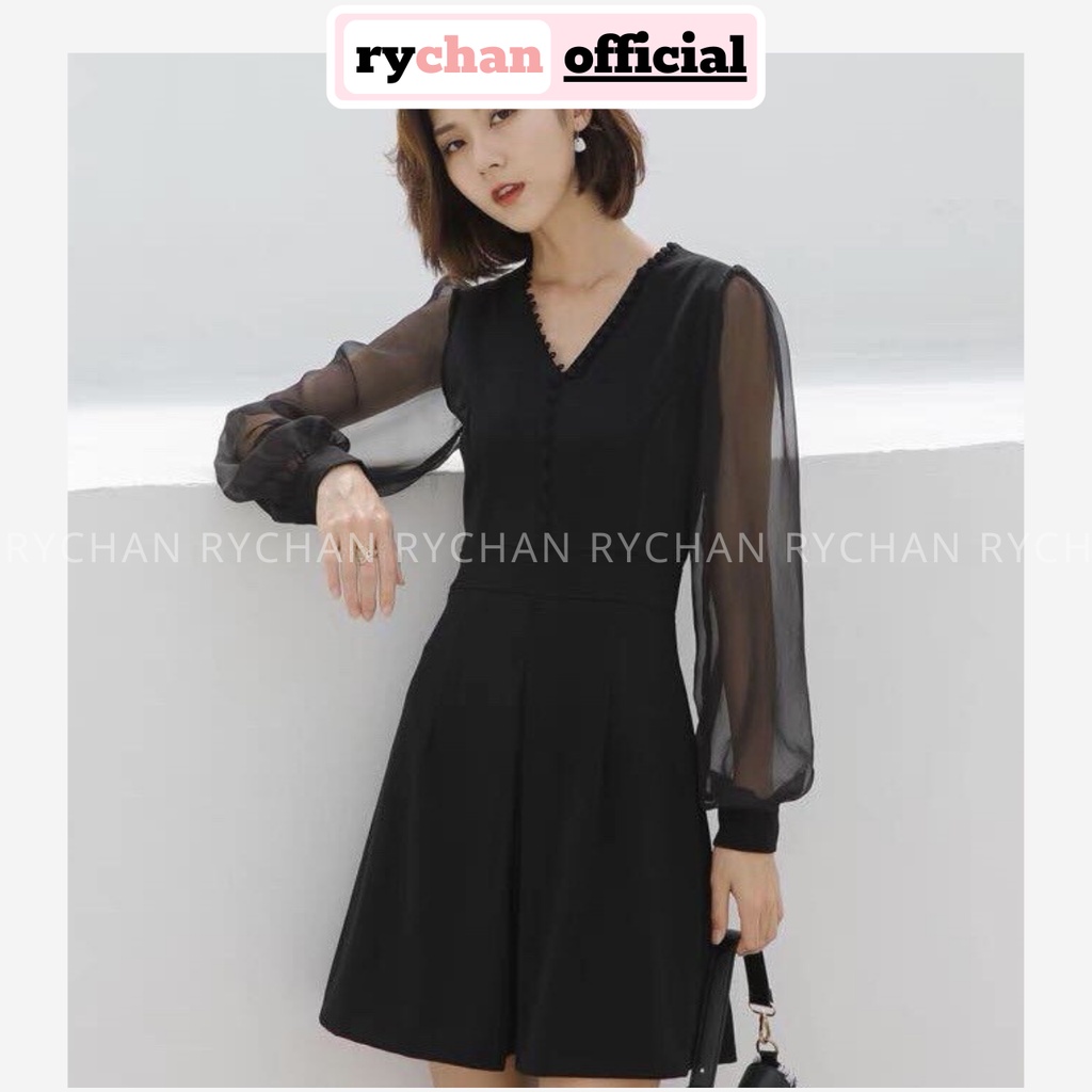DX880 - Đầm Xòe Cổ Tim Nút Bọc Phối Lưới Tay Phồng Đen Sang Trọng Đầm Xòe Dự Tiệc Đám Cưới