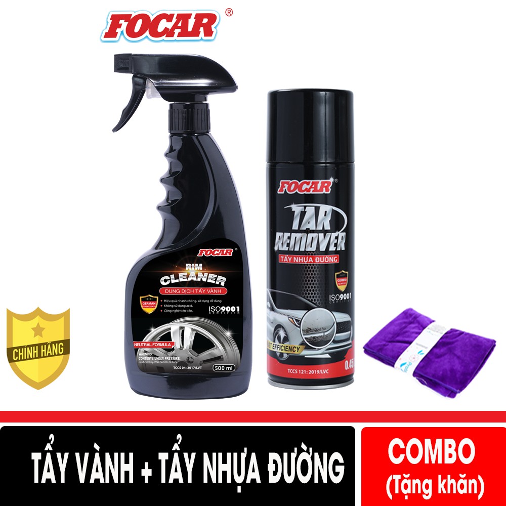 Dung dịch Tẩy nhựa đường Focar Tar remover 450ml + Dung dịch tẩy vành Rim Cleaner 0,5L (Tặng khăn FOCAR)