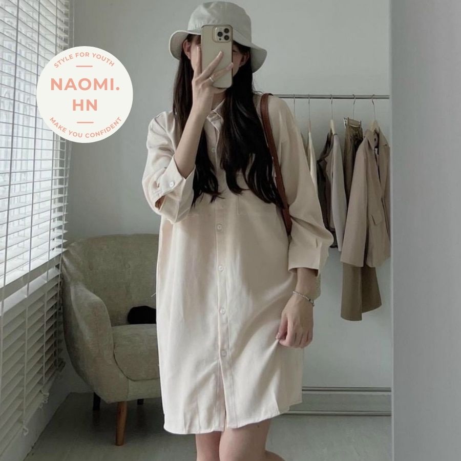 Váy sơ mi nhung tăm dài tay form rộng dáng dài suông, Đầm sơ mi dài chất nhung tăm dáng suông nhiều màu hothit