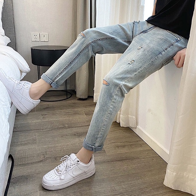 Quần jean nam rách gối xước màu ghi co giãn VNXK 1991 Pon.mens