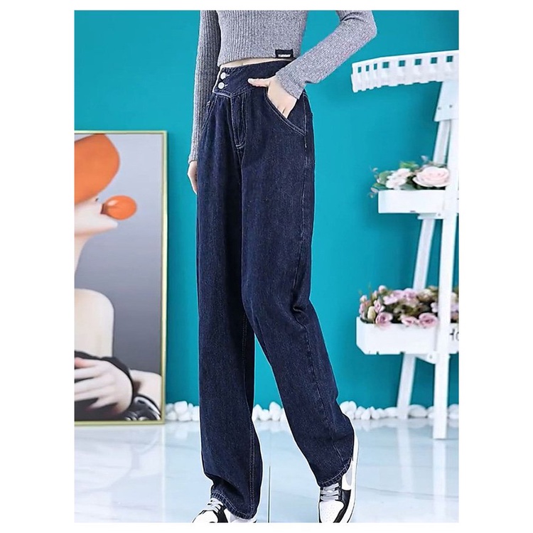 Quần jean nữ lưng cao ống rộng cạp chéo dáng suông,quần bò nữ ống đứng ulzzang vải bò dày dặn 2 màu cực HOT