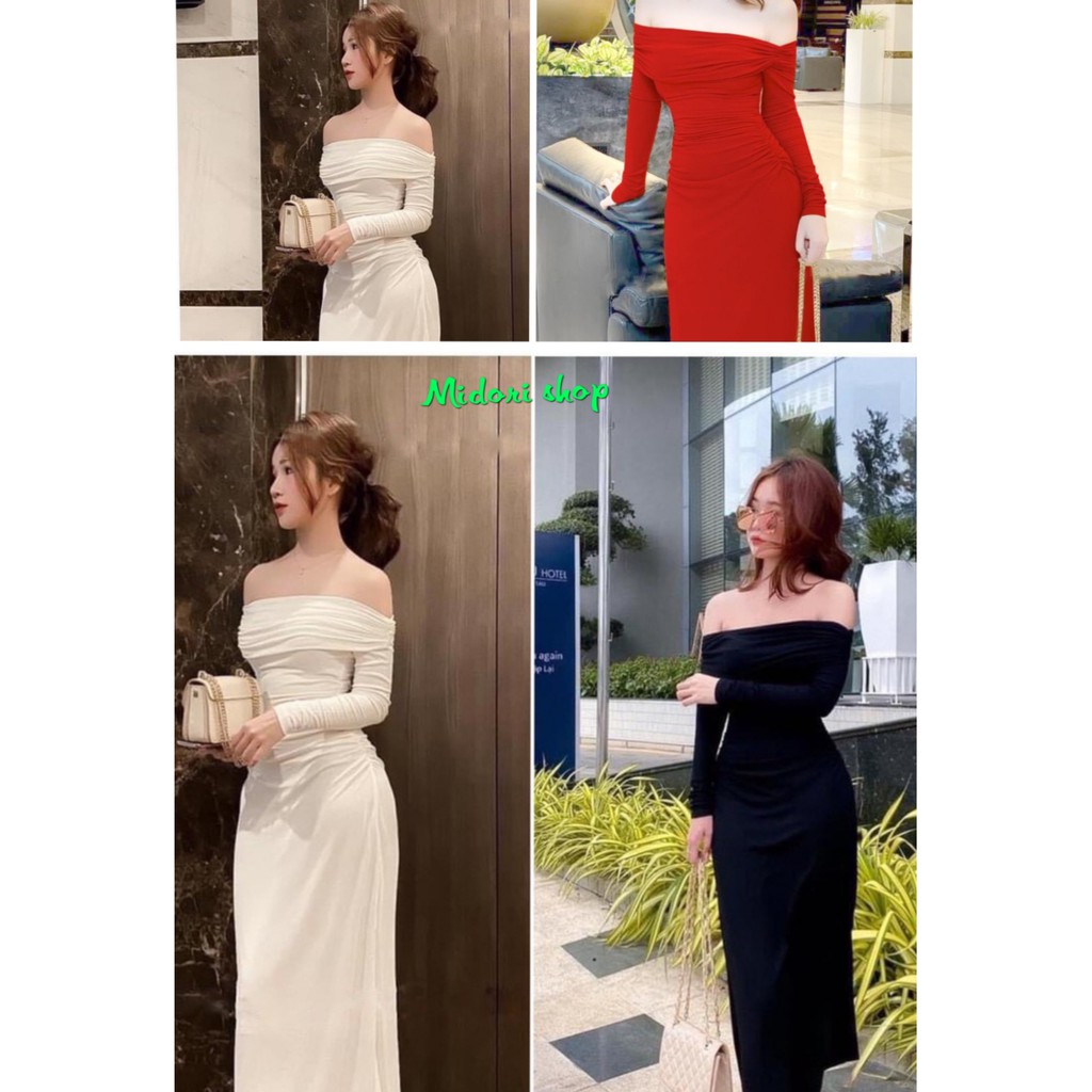 [VIDEO THẬT] Đầm body trễ vai dài tay thun borip 3 màu