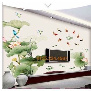 Decal dán tường Cá và hoa sen 3D SIÊU HOT