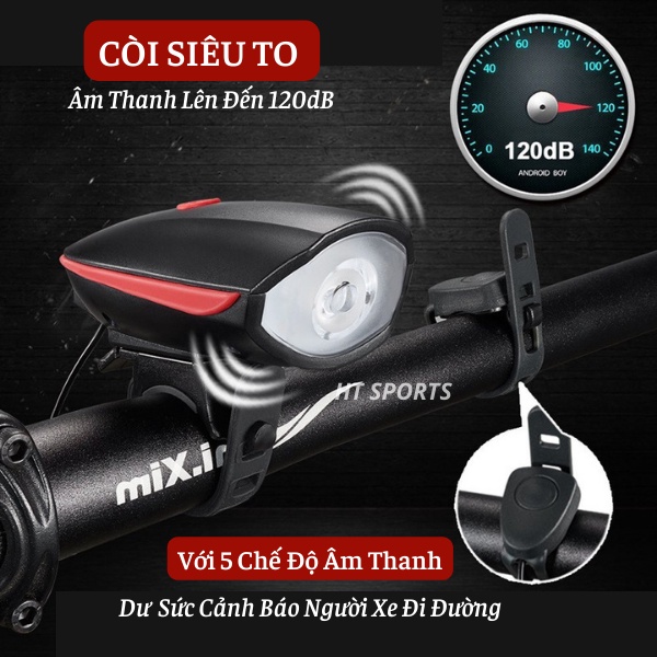 Đèn xe đạp thể thao HT Sports siêu sáng có còi pin sạc usb chống nước, đèn đuôi xe nhiều chế độ sáng