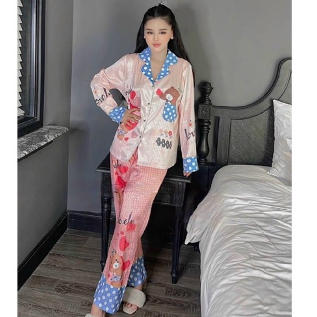 PIJAMA LỤA XƯỚC CAO CẤP QUẢNG CHÂU CARO THỎ